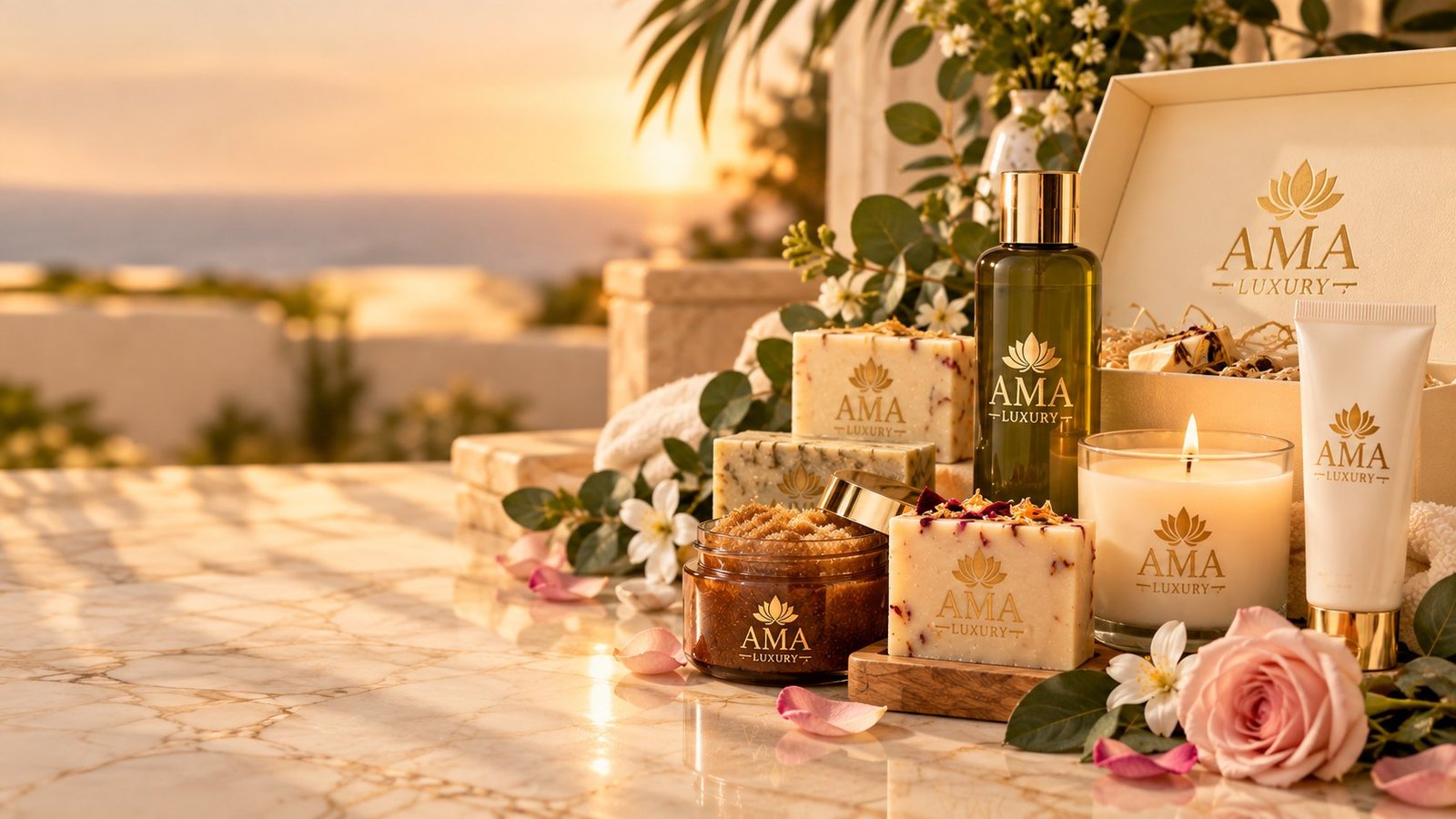 AMA LUXURY natural collection with gift box, soaps, shampoo, scrub, candle and sunscreen at sunset