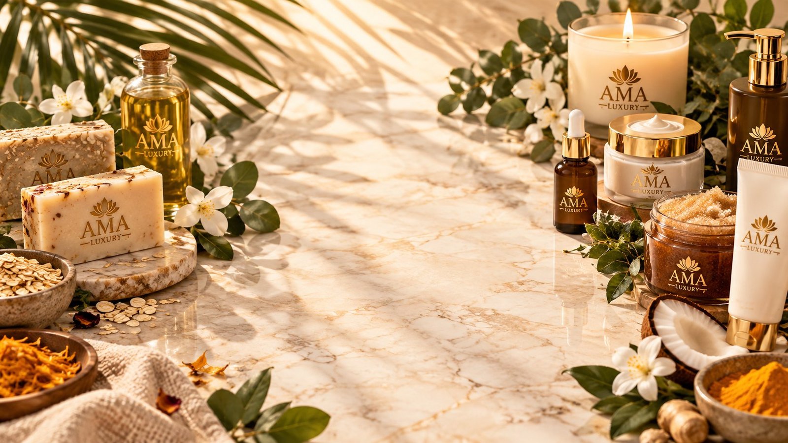 AMA LUXURY natural soaps, oils, candle and skincare on cream marble with botanicals