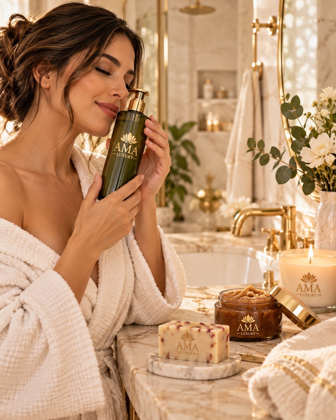 Woman enjoying an AMA LUXURY botanical self-care ritual