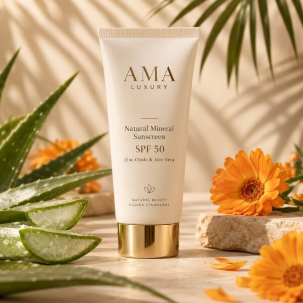 AMA LUXURY Natural Mineral Sunscreen SPF 50 tube with aloe vera and calendula