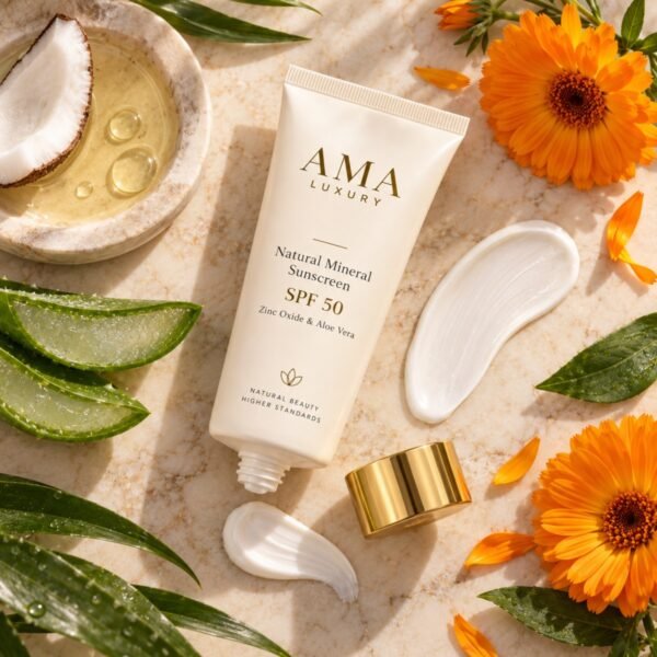 AMA LUXURY Natural Mineral Sunscreen SPF 50 texture with natural ingredients