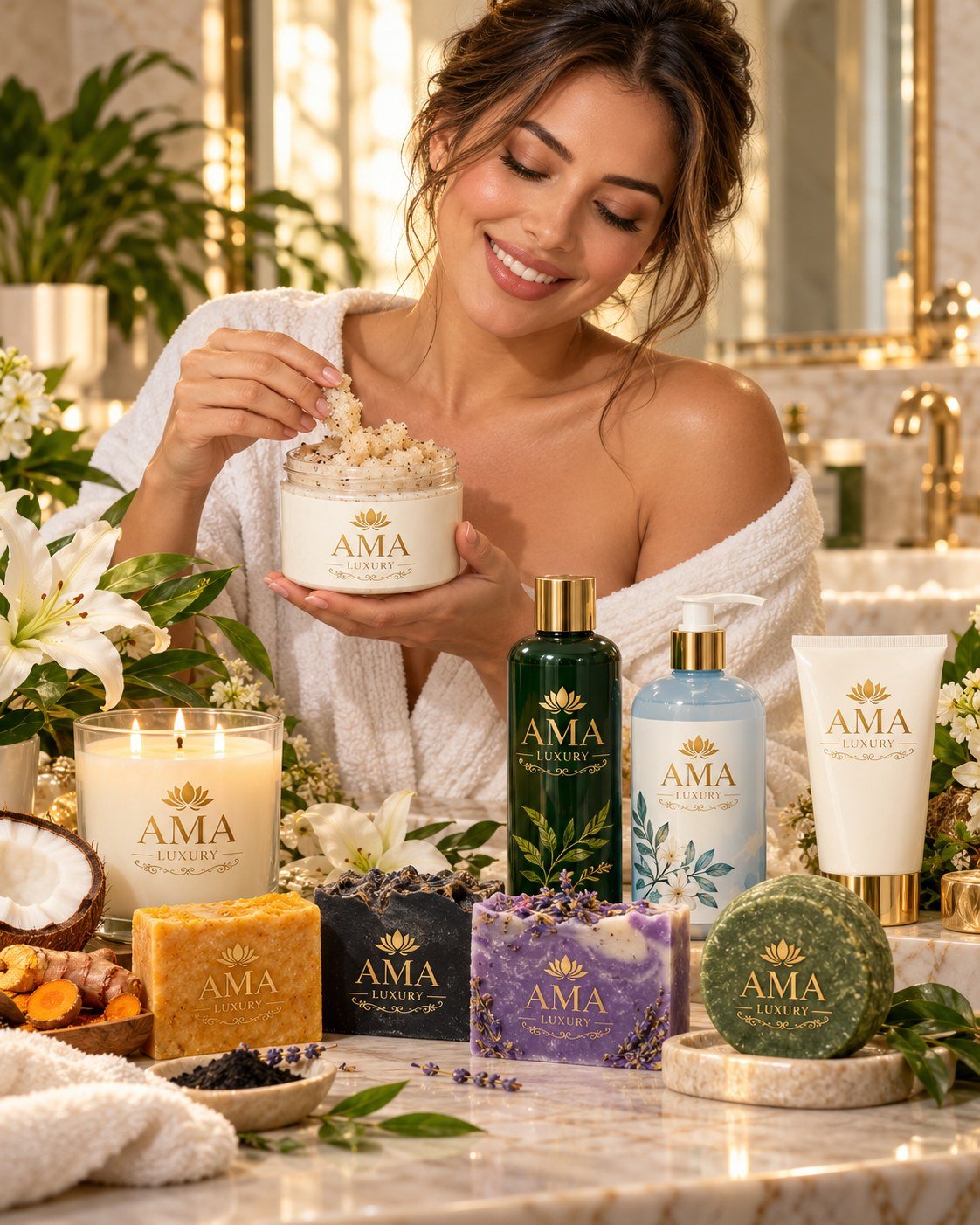 Smiling woman in a white robe with the full AMA LUXURY collection: natural soaps, shampoo bar, shampoo, cleansing gel, body scrub, candle and SPF 50 sunscreen