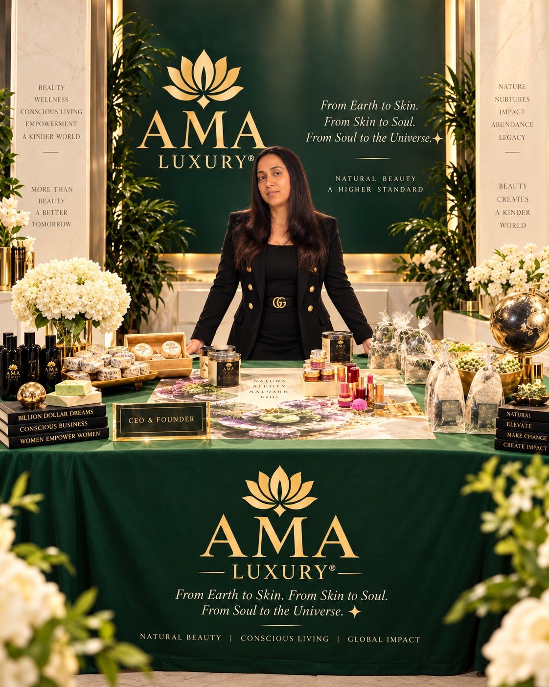 Ana Maria Aumala, CEO and Founder of AMA LUXURY, at the brand booth with AMA LUXURY natural products