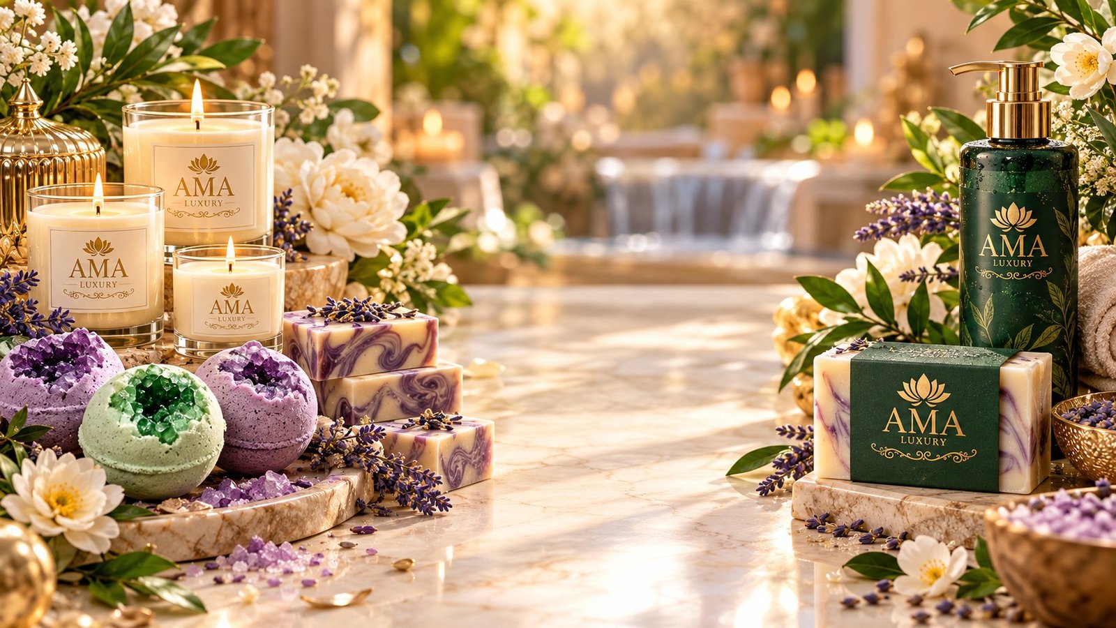 AMA LUXURY candles, geode bath bombs, lavender soaps, creamy soap box and natural shampoo on cream marble - blog cover