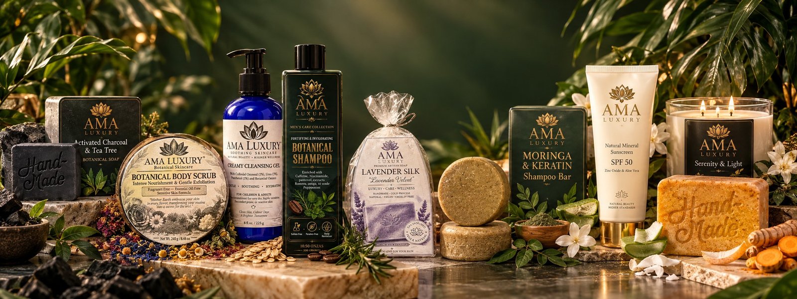 Colección de productos naturales AMA LUXURY: jabones, champús, exfoliante, gel limpiador, protector solar SPF 50 y vela