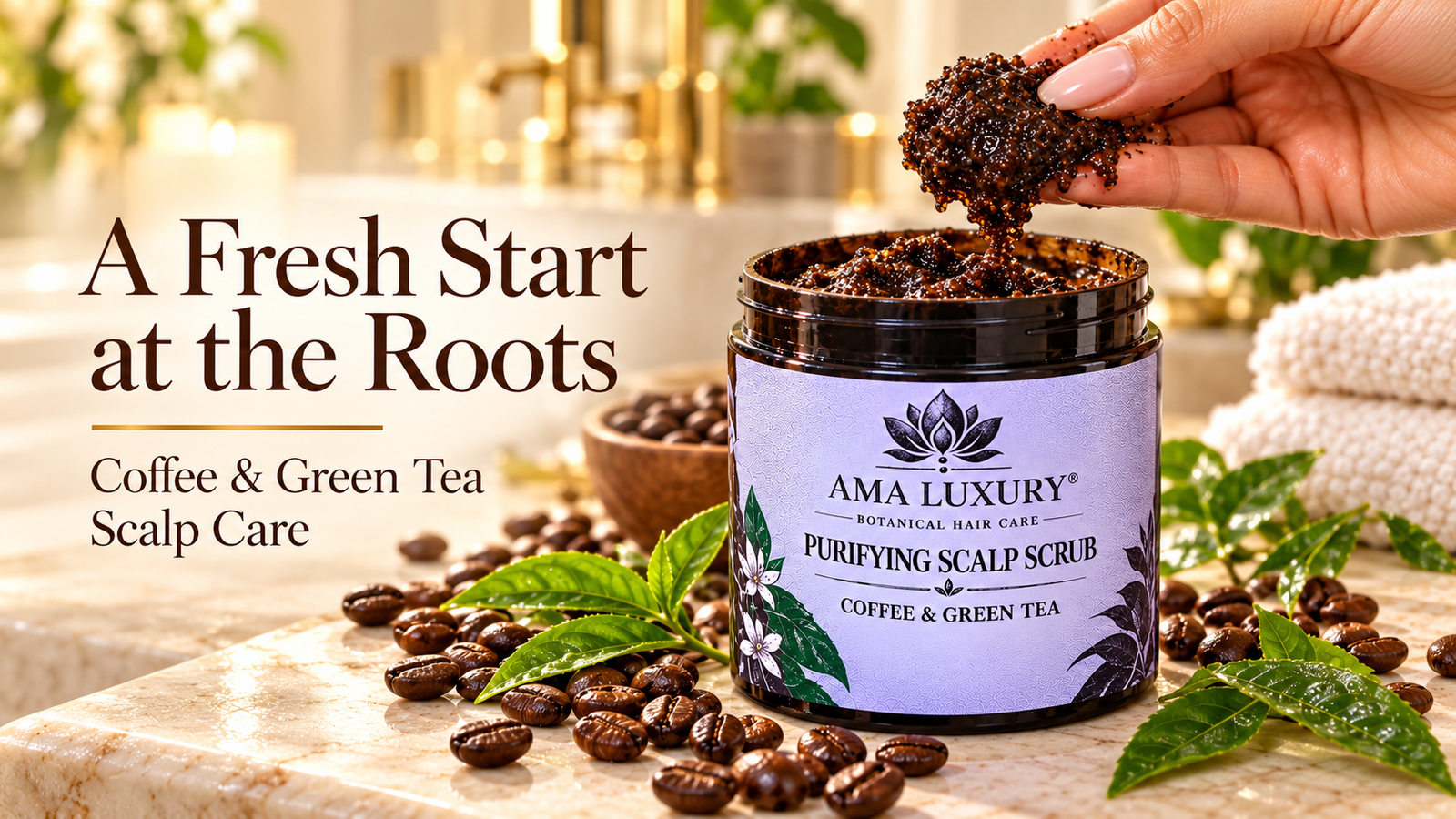 AMA LUXURY Coffee and Green Tea Purifying Scalp Scrub with coffee beans and green tea leaves in a spa setting.