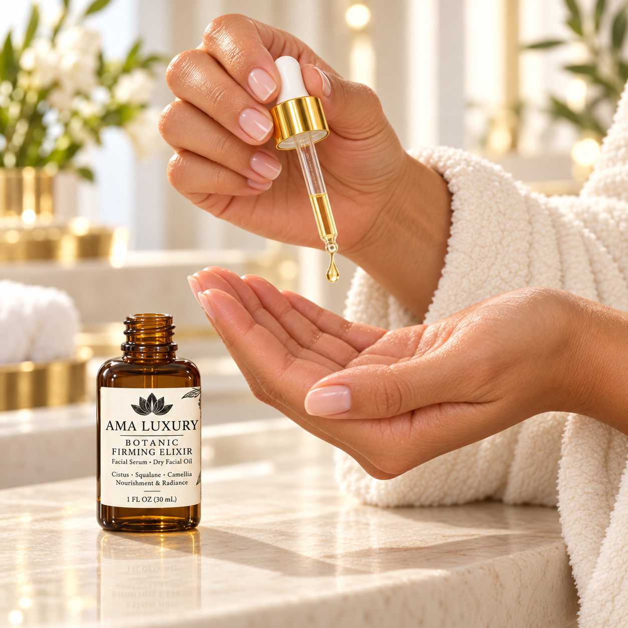 Dispensing facial oil drops into a clean palm