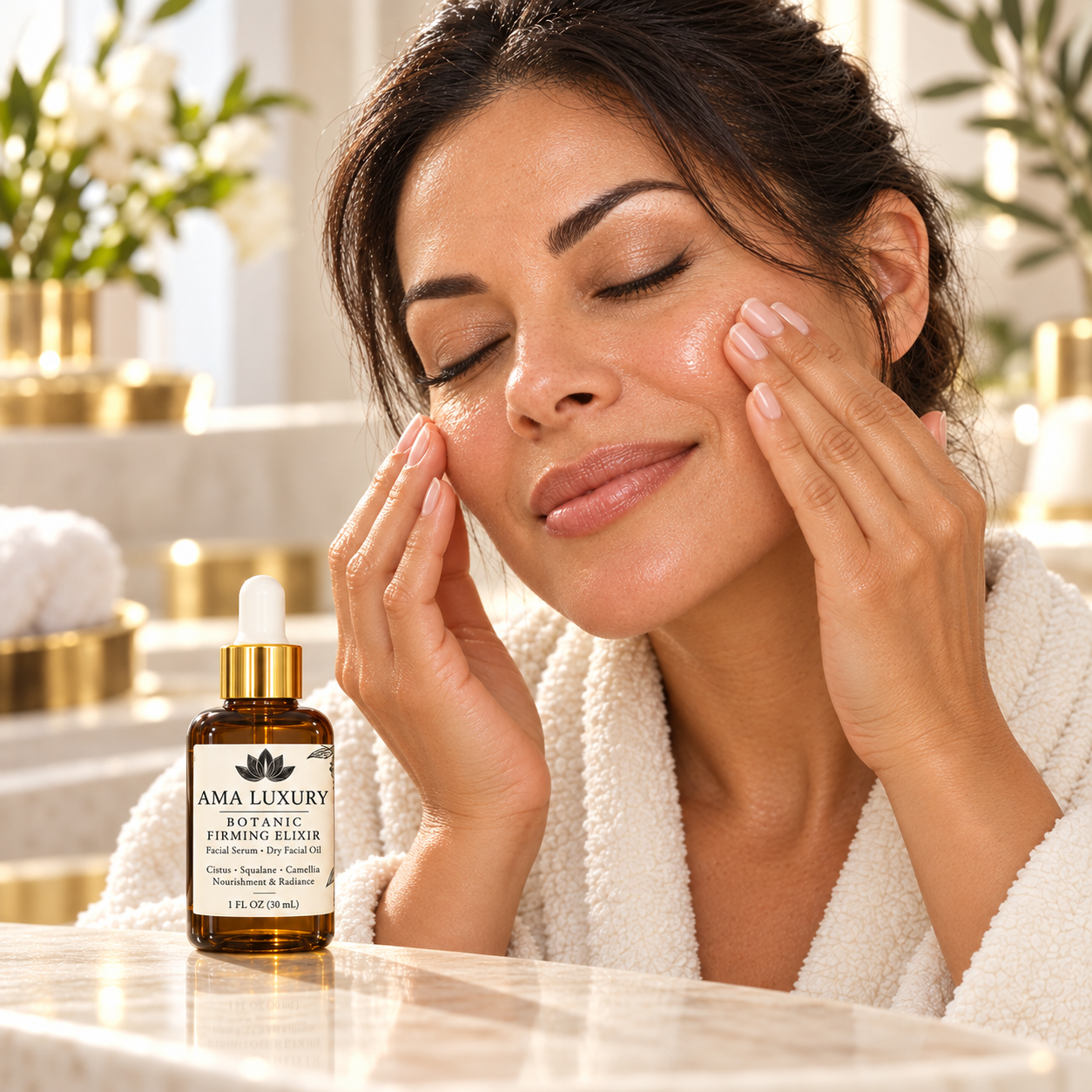 Gently massaging AMA LUXURY facial oil onto the cheeks