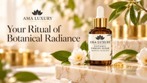 AMA LUXURY Botanic Firming Elixir amber facial oil bottle on cream stone with botanical details.