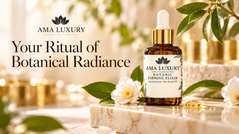 AMA LUXURY Botanic Firming Elixir amber facial oil bottle on cream stone with botanical details.