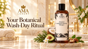AMA LUXURY Anti-Frizz Botanical Shampoo: Your Wash-Day Guide in a luxury botanical product setting.