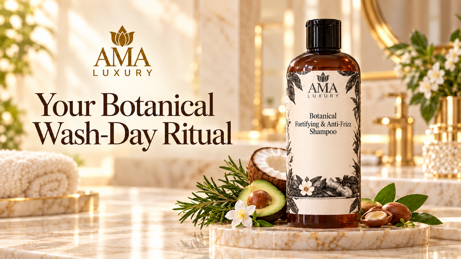 AMA LUXURY Anti-Frizz Botanical Shampoo: Your Wash-Day Guide in a luxury botanical product setting.