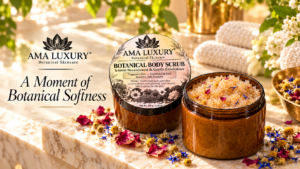 AMA LUXURY Botanical Body Scrub: A Gentle Exfoliation Ritual in a luxury botanical product setting.