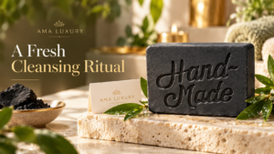 AMA LUXURY Charcoal & Tea Tree Soap: A Fresh Cleansing Guide in a luxury product setting.