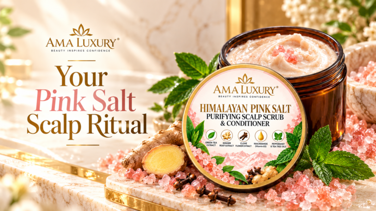 AMA LUXURY Pink Salt Scalp Scrub: Your Pre-Shampoo Ritual in a botanical spa product setting.