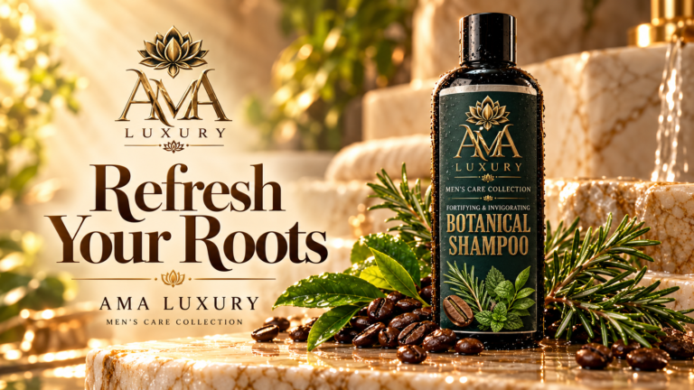 AMA LUXURY Invigorating Botanical Shampoo: Ingredients & Use in a luxury botanical product setting.