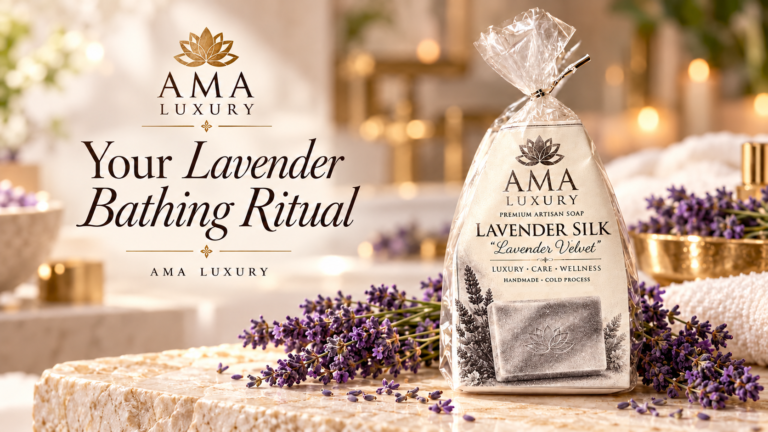 AMA LUXURY Lavender Silk Soap: Your Creamy Bathing Ritual in a luxury botanical product setting.