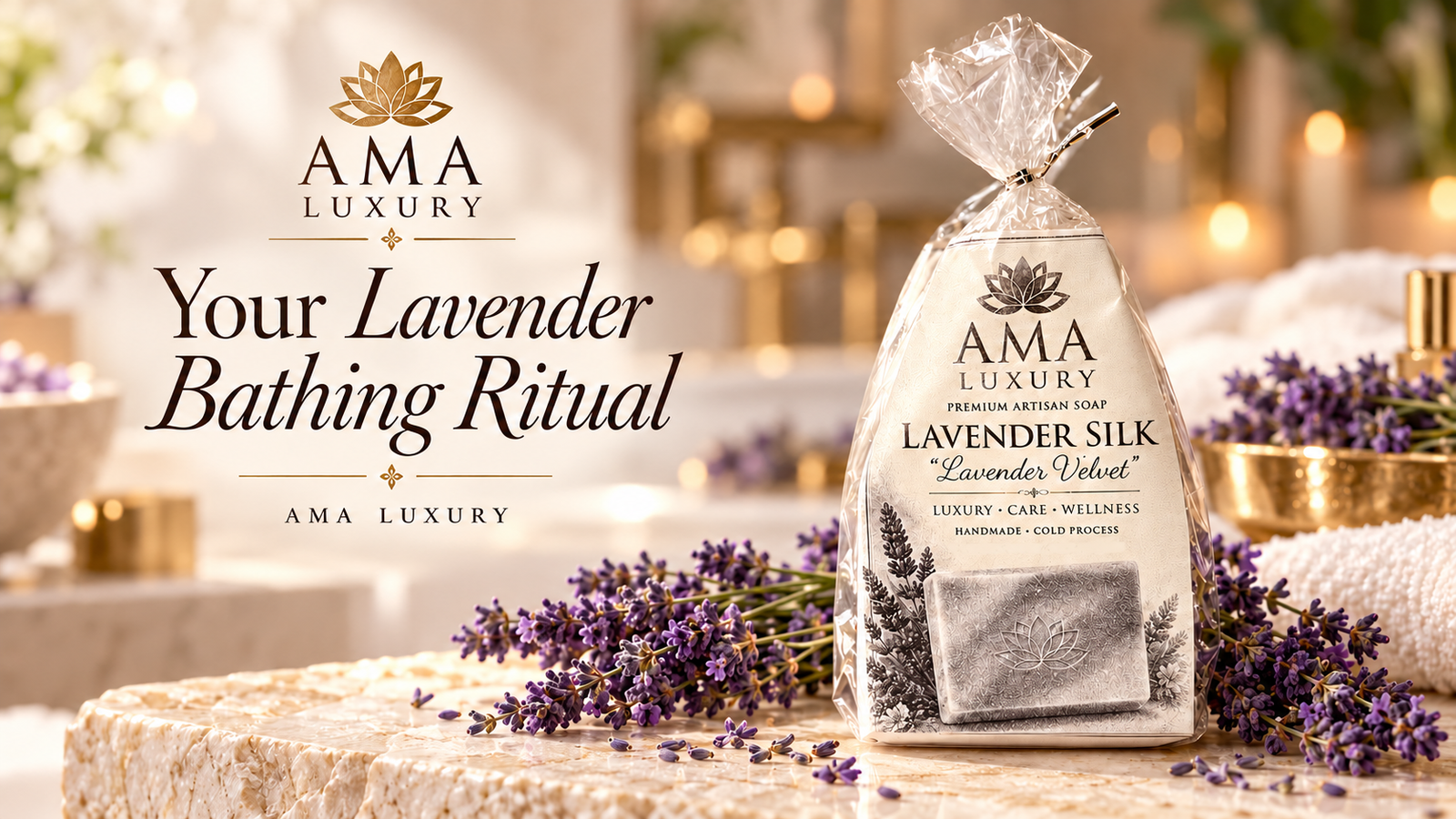 AMA LUXURY Lavender Silk Soap: Your Creamy Bathing Ritual in a luxury botanical product setting.