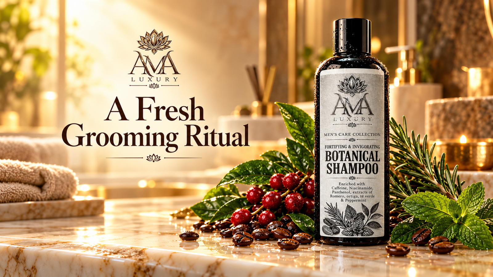 AMA LUXURY Men’s Care Collection: Build a Fresh Wash-Day Ritual in a luxury product setting.