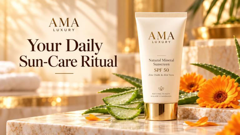 AMA LUXURY Mineral Sunscreen: Application and Label Essentials in a luxury product setting.