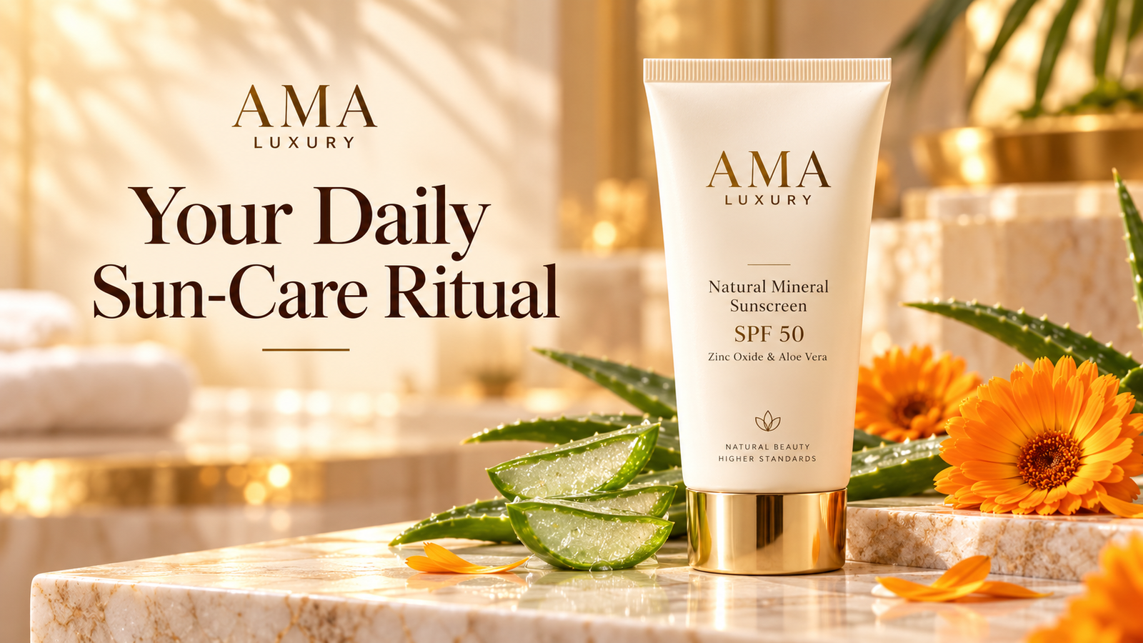 AMA LUXURY Mineral Sunscreen: Application and Label Essentials in a luxury product setting.