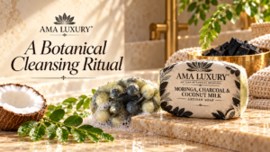 AMA LUXURY Moringa & Charcoal Soap: A Creamy Cleansing Ritual in a botanical spa product setting.