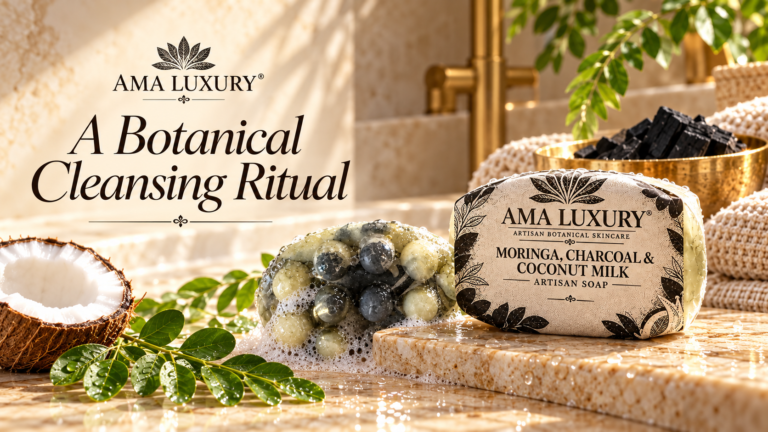 AMA LUXURY Moringa & Charcoal Soap: A Creamy Cleansing Ritual in a botanical spa product setting.