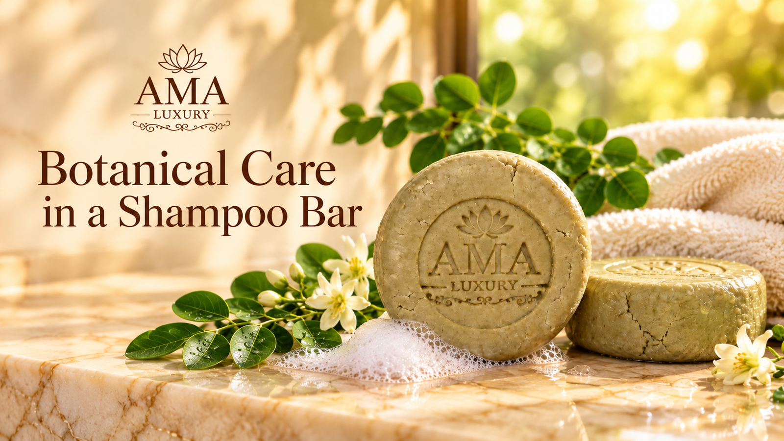 AMA LUXURY Moringa & Keratin Shampoo Bar: A Practical Guide in a luxury botanical product setting.