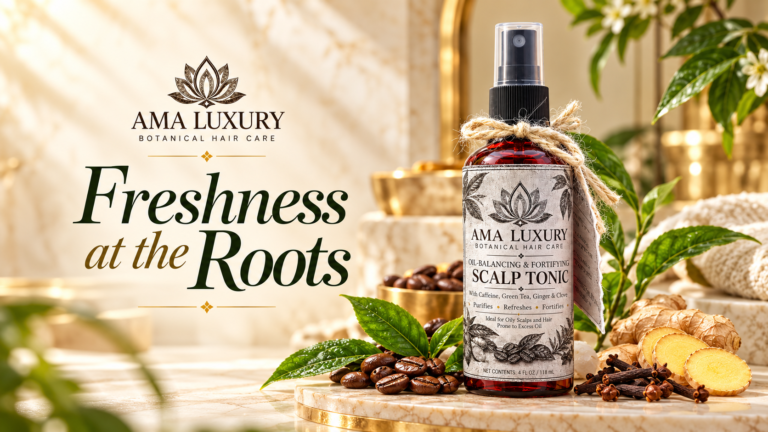 AMA LUXURY Scalp Tonic: Lightweight Care for Oily Roots in a botanical spa product setting.