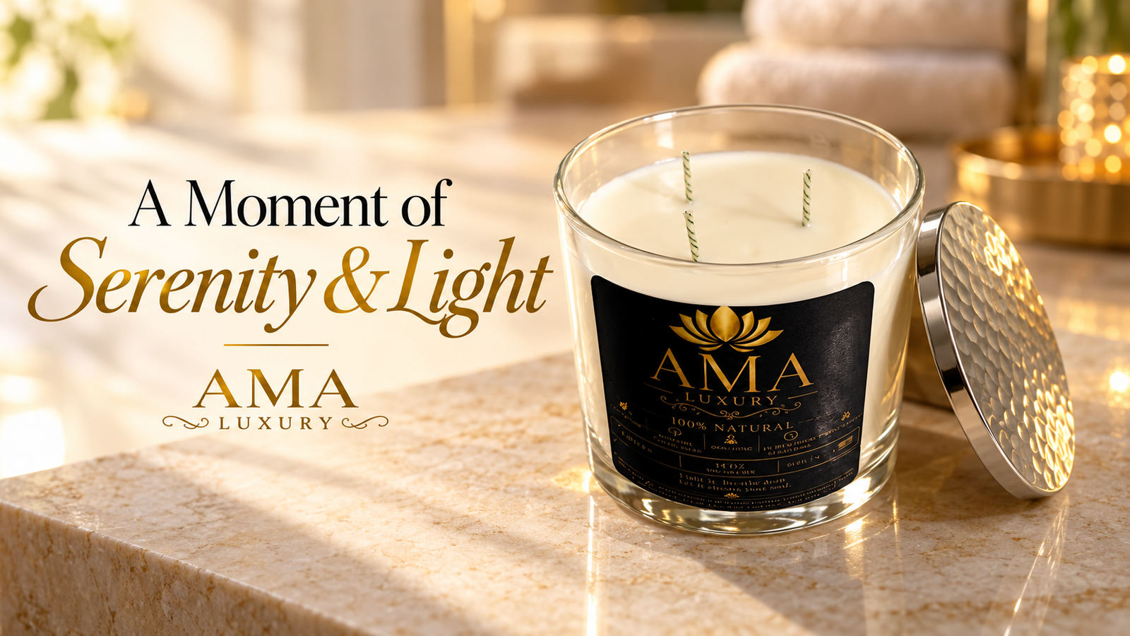 AMA LUXURY Serenity & Light Candle: Create a Thoughtful Ritual in a luxury product setting.