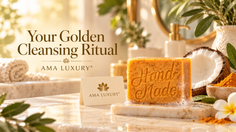 AMA LUXURY Turmeric & Coconut Milk Soap: A Golden Ritual in a luxury product setting.