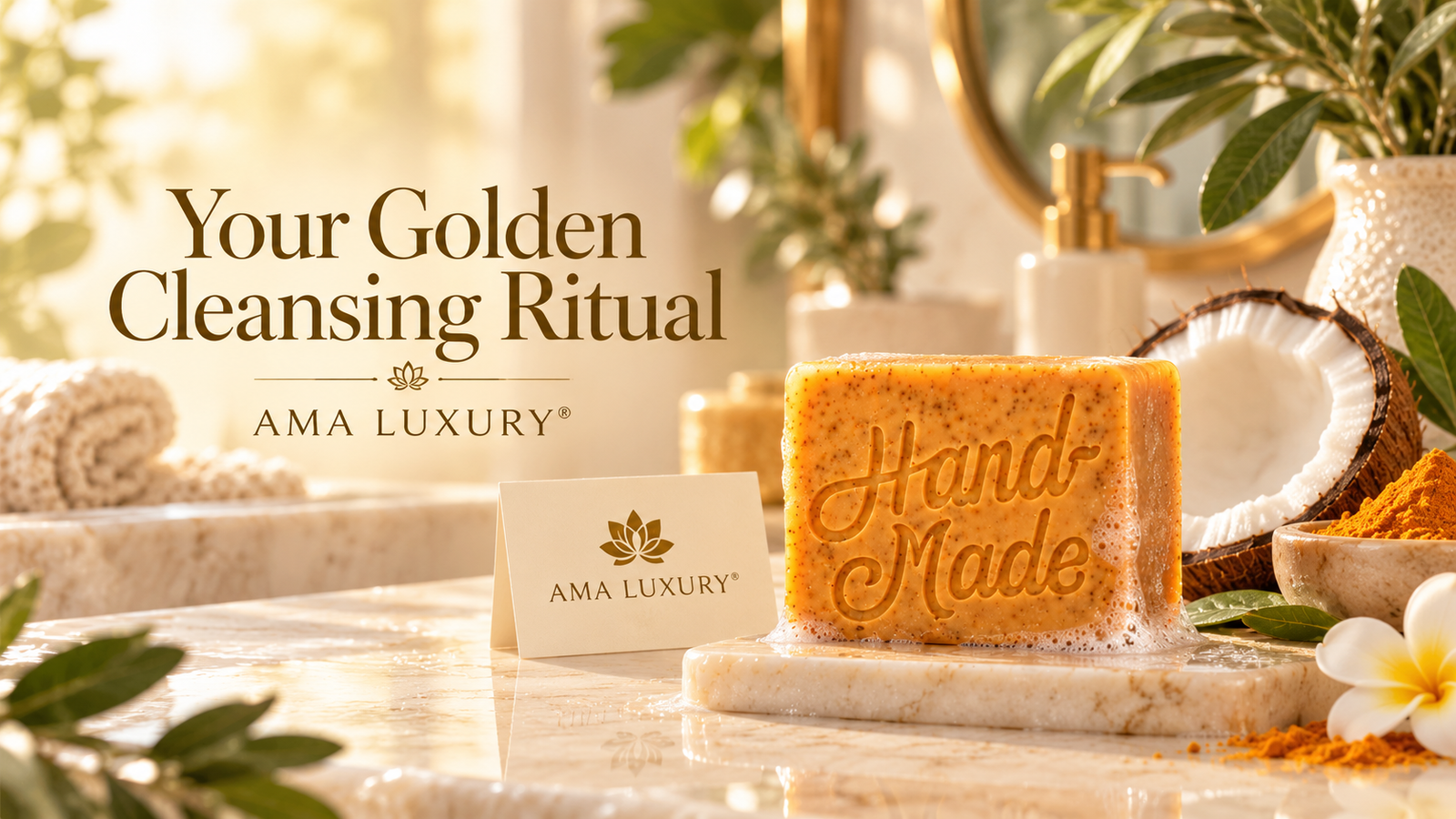 AMA LUXURY Turmeric & Coconut Milk Soap: A Golden Ritual in a luxury product setting.