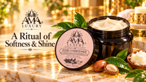 AMA LUXURY Anti-Frizz Conditioner: Softer, Smoother Lengths in a luxury product setting.