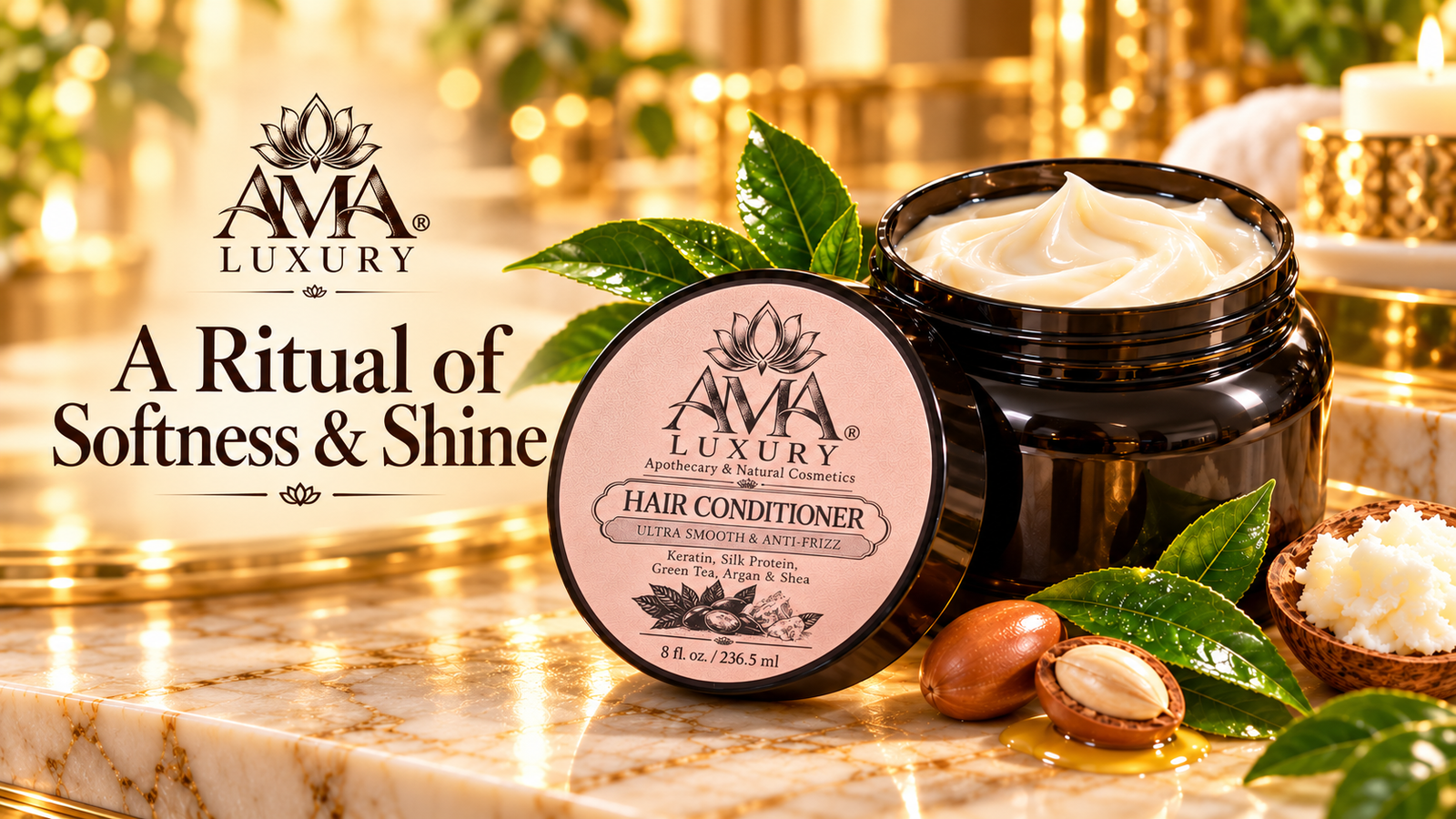 AMA LUXURY Anti-Frizz Conditioner: Softer, Smoother Lengths in a luxury product setting.